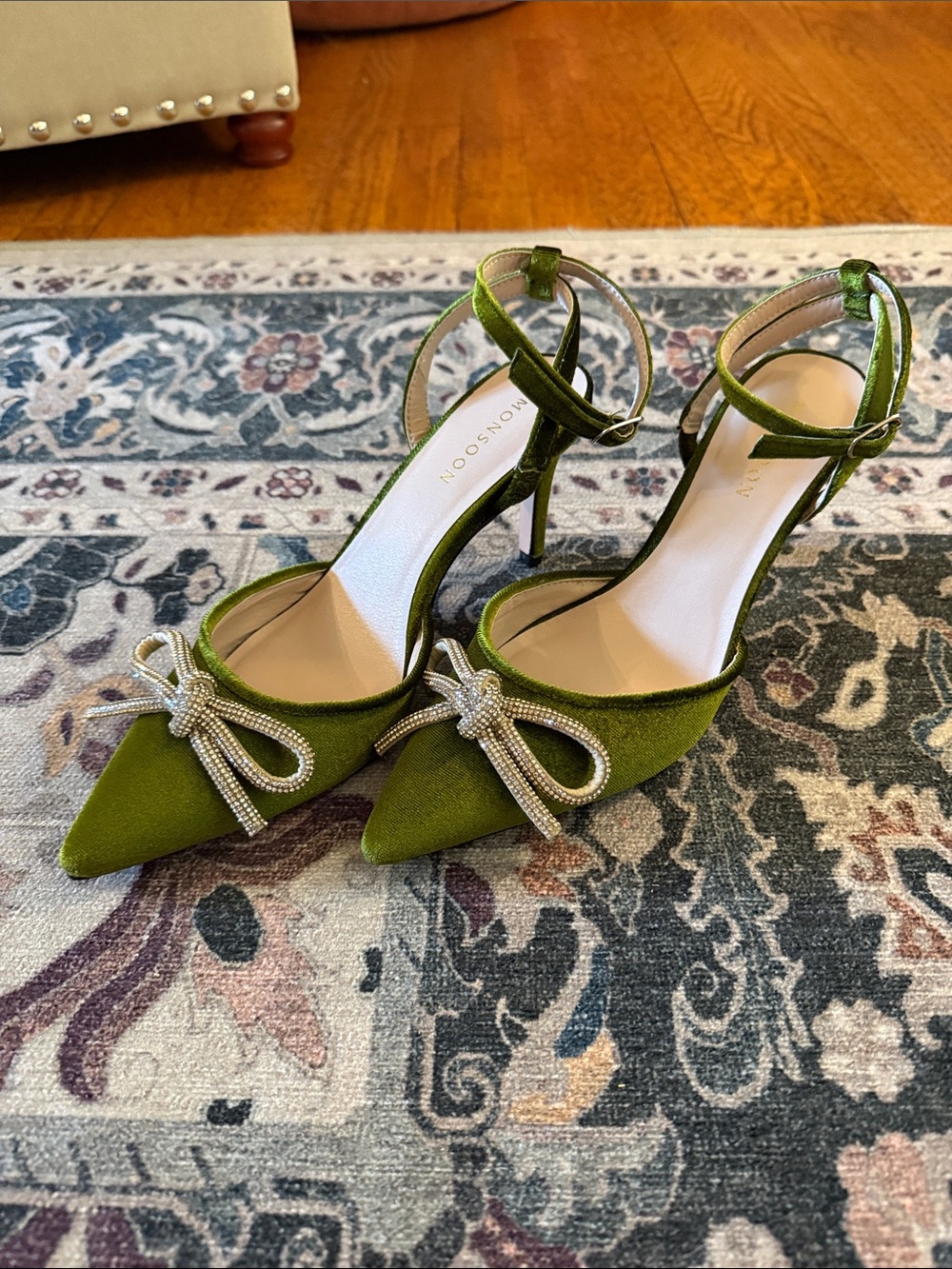 Green Velvet Pointed-Toe Ankle-Strap Heels with Crystal Bow Detail Monsoon